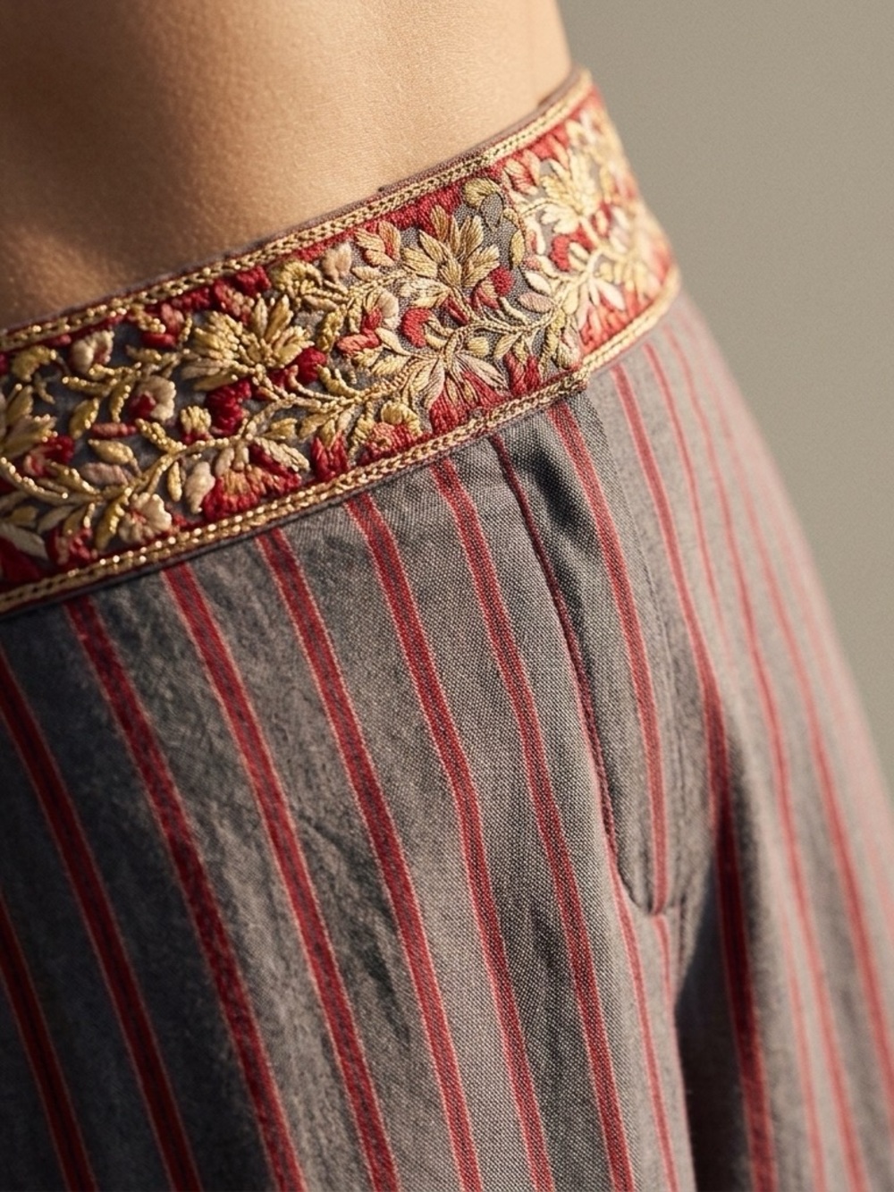Aratta Gray Pants with Red Pinstripes and Embroidered Waistband